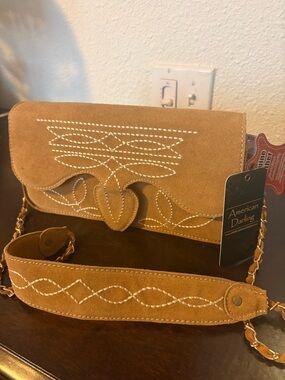 American Darling Tan Suede Crossbody Bag with Embroidered Detail